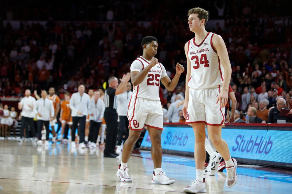 Oklahoma Sooners guard Grant Sherfield (25) and forward Jacob Groves (34) react after an NCAA men's college basketball game between the University of Oklahoma and Texas at Lloyd Noble Center in Norman, Okla., Saturday, Dec. 31, 2022. Texas won 70-69.