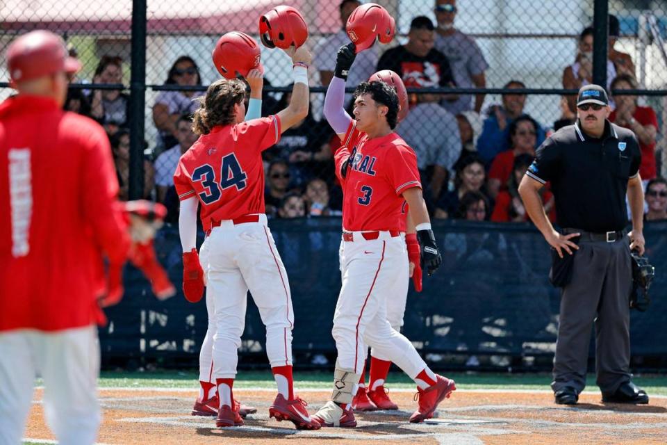 Doral Firebirds Daniel Restrepo (3) crosses home plate on a homerun to close out the game against Varela Varsity Vipers at Doral Academy in Doral on Saturday, May 13, 2023.