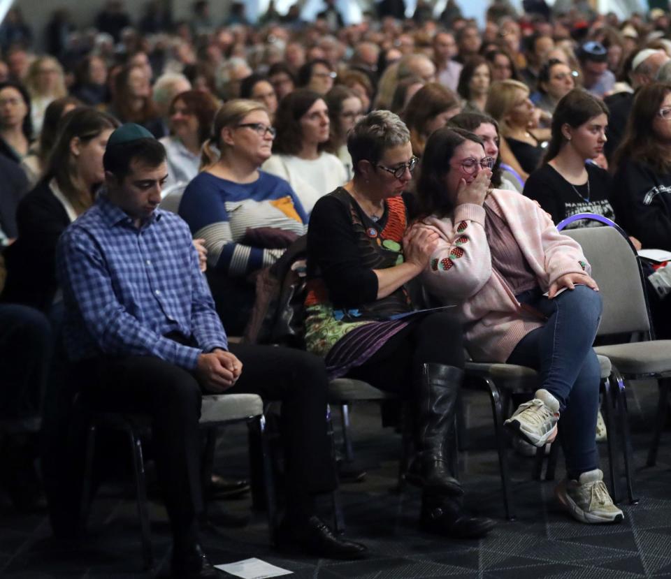 Thousands of members of the Jewish faith and their supporters gathered at Congregation Shaarey Zedek on Monday, Oct. 9, 2023 for a rally in support of Israel after an attack by Hamas began over the weekend.