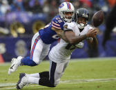 <p>Buffalo Bills defensive back Phillip Gaines (28) breaks up a pass intended for Baltimore Ravens wide receiver Michael Crabtree (15) during the first half of an NFL football game between the Baltimore Ravens and the Buffalo Bills, Sunday, Sept. 9, 2018 in Baltimore. (AP Photo/Nick Wass) </p>