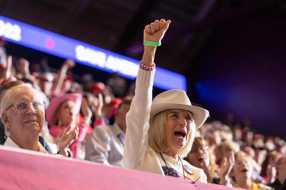 A woman cheers at the Trump rally Saturday, May 28, 2022, in Casper, Wyo. (David Stubbs for NBC News)