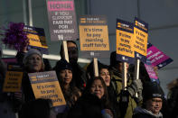 Nurses of the University College Hospital protest in London, Monday, Feb. 6, 2023. Tens of thousands of nurses and ambulance staff are walking off the job in the U.K. in what unions called the biggest strike in the history of the country's public health system. Monday's walkout is the latest in a wave of strikes that has disrupted Britons' lives for months as workers demand pay raises to keep pace with double-digit inflation. (AP Photo/Frank Augstein)