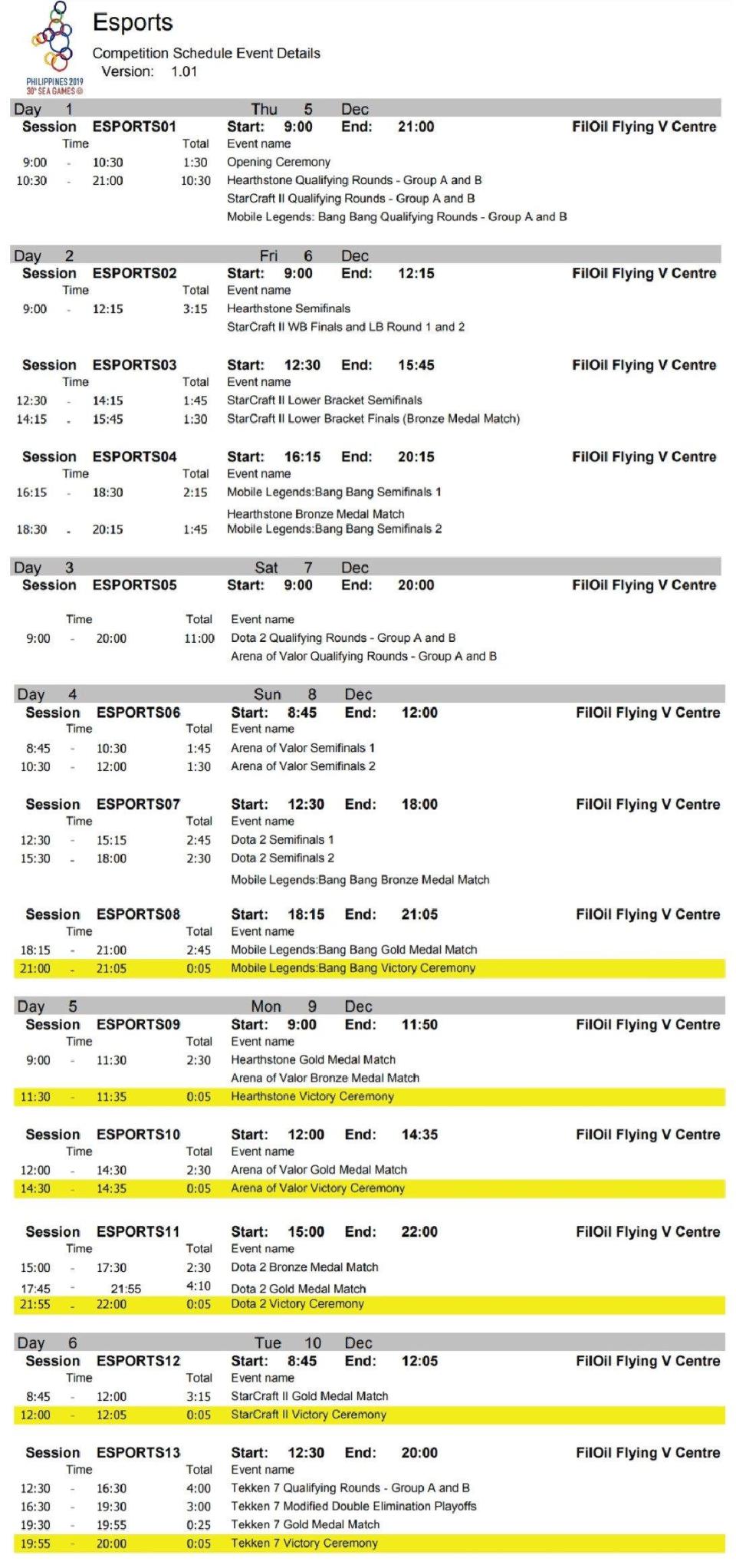 SEA Games Esports schedule