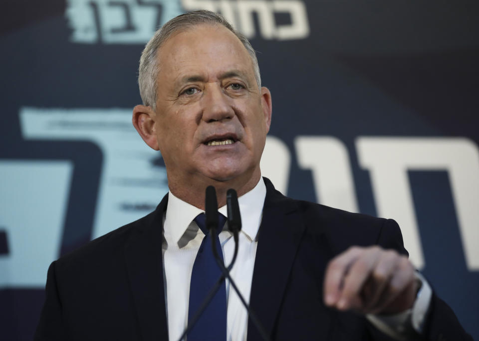 Blue and White party leader Benny Gantz gives a statement for media in Tel Aviv, Israel, Saturday, Nov. 23, 2019. (AP Photo/Oded Balilty)