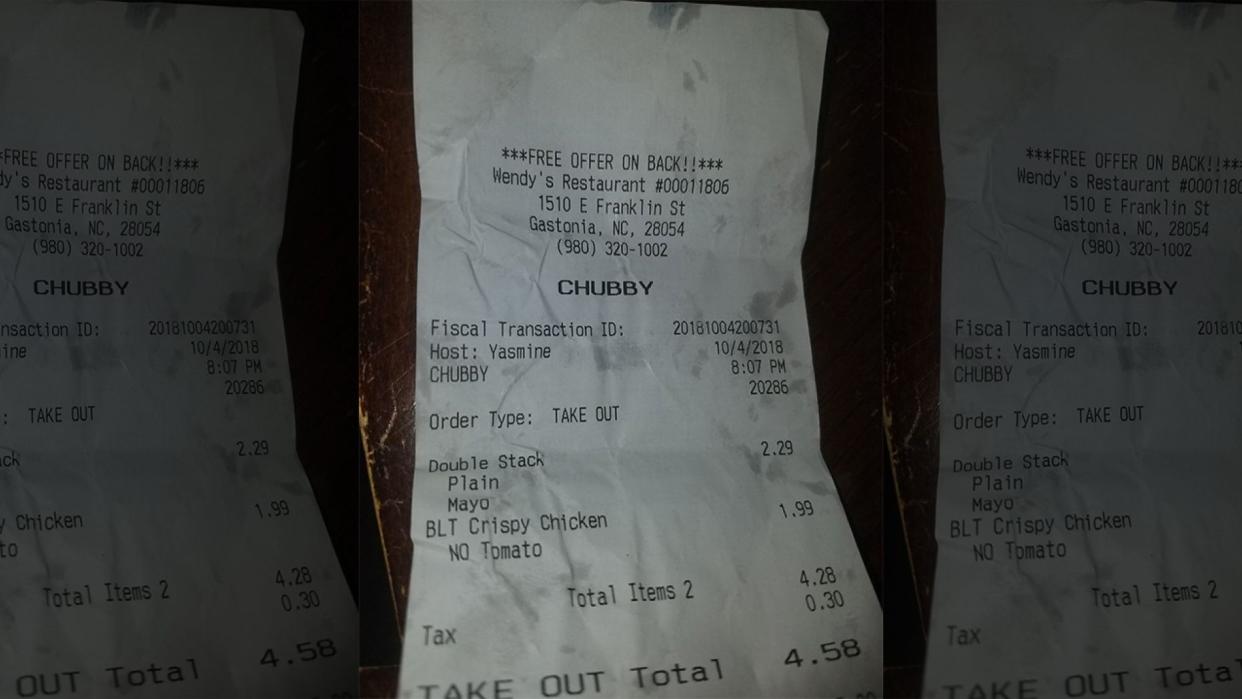 A Wendy’s customer wasembarrassed when an employee put “Chubby” on his receipt. (Photo: Jimmy Shue)