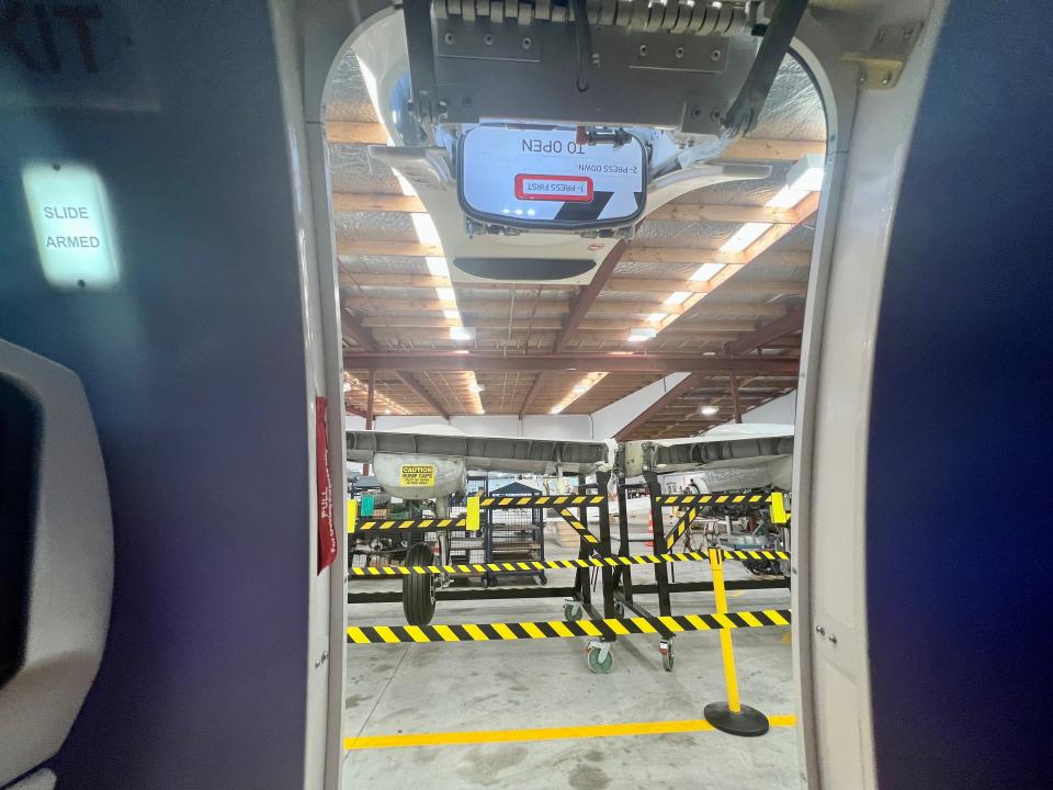 The door open on the A320 mock cabin — Air New Zealand's Academy of Learning in Auckland.