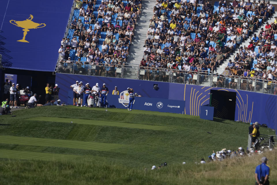 United States' Justin Thomas plays off the 1st tee during a practice round ahead of theRyder Cup at the Marco Simone Golf Club in Guidonia Montecelio, Italy, Wednesday, Sept. 27, 2023. The Ryder Cup starts Sept. 29, at the Marco Simone Golf Club. (AP Photo/Andrew Medichini)