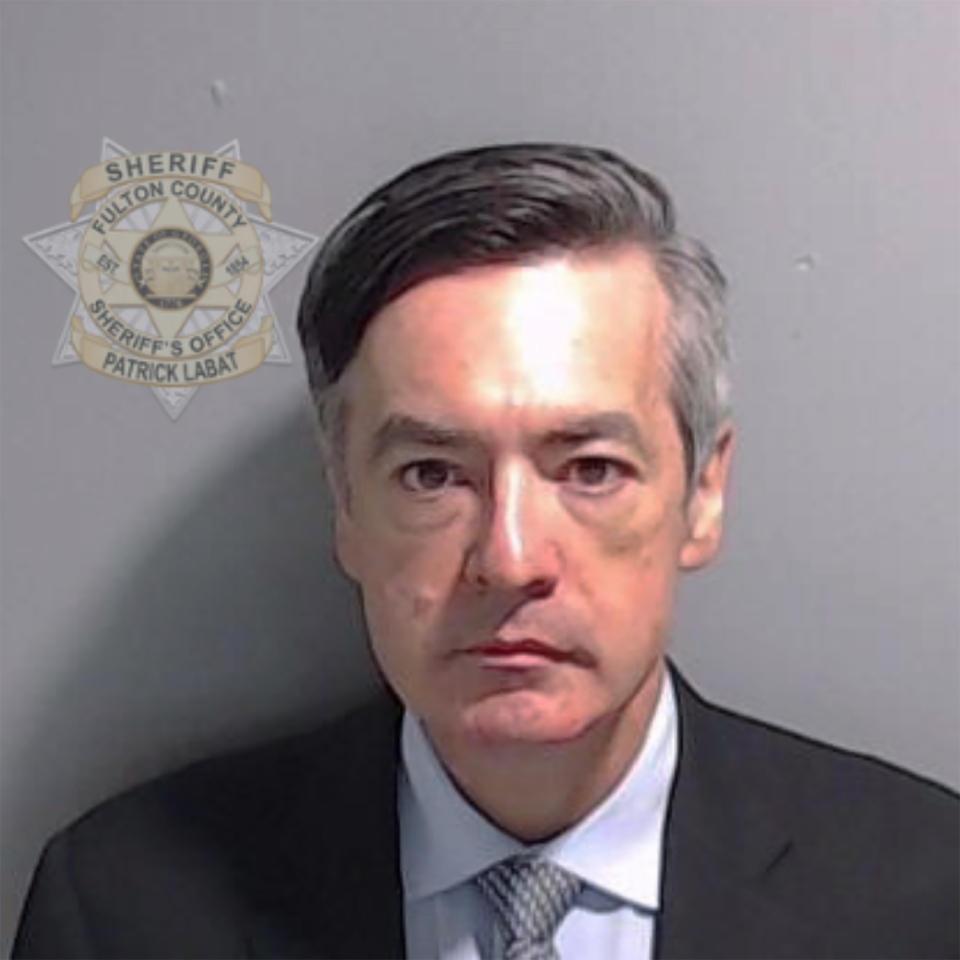 FILE - This booking photo provided by the Fulton County, Ga., Sheriff's Office shows Kenneth Chesebro on Aug. 23, 2023, in Atlanta, after he surrendered and was booked. Chesebro, who was was charged alongside former President Donald Trump and 17 others with violating the state's anti-racketeering law in efforts to overturn Trump's loss in the 2020 election in Georgia, pleaded guilty Friday, Oct. 202,2 03, to a felony just as jury selection was getting underway in his trial. Fulton County Sheriff's Office via AP, File)