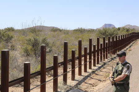 FILE PHOTO: A Cochise County Sheriff officer stands along the border fence between the United States and Mexico during a photo opportunity with Republican Presidential candidate Ted Cruz (not pictured) near Douglas, Arizona March 18, 2016. REUTERS/Sam Mircovich/File Photo