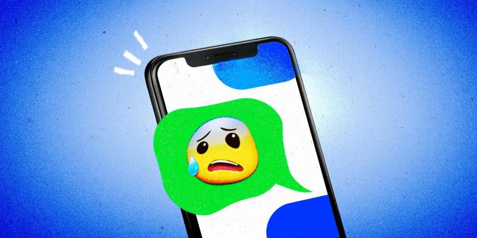 iPhone with message thread showing a green chat bubble with a sweat face emoji, experiencing distortion or display issue.