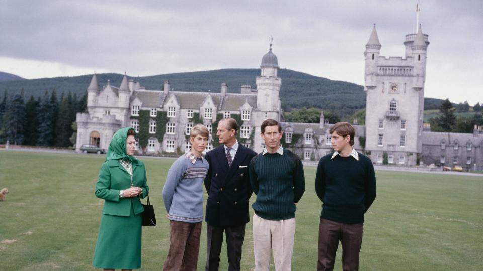 Queen Elizabeth II with Prince Philip, the Duke of Edinburgh and Prince Edward, Prince Charles and Prince Andrew at Balmoral 