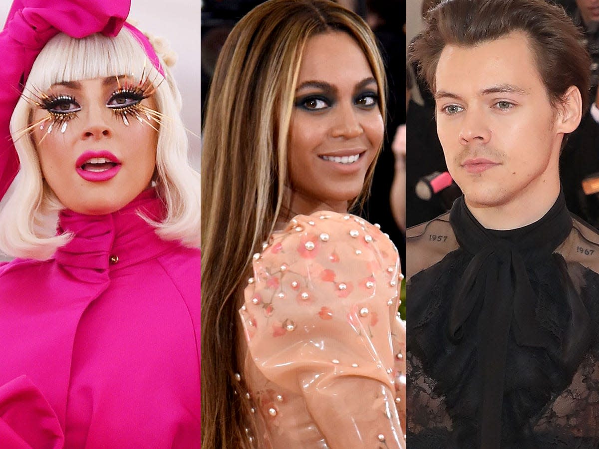 side by side photos of lady gaga, beyonce, and harry styles at past met galas