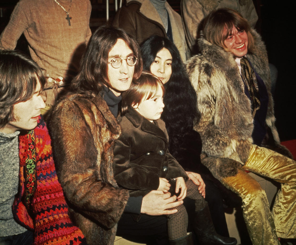 10th December 1968:  British musicians Eric Clapton, John Lennon (1940 - 1980) - with his wife, artist Yoko Ono and his son Julian - and Brian Jones (1942 - 1969) pictured at a press conference at Internel Studios in Stonebridge Park, Wembley, for the Rolling Stones' Rock & Roll Circus project.  (Photo by Hulton Archive/Getty Images)