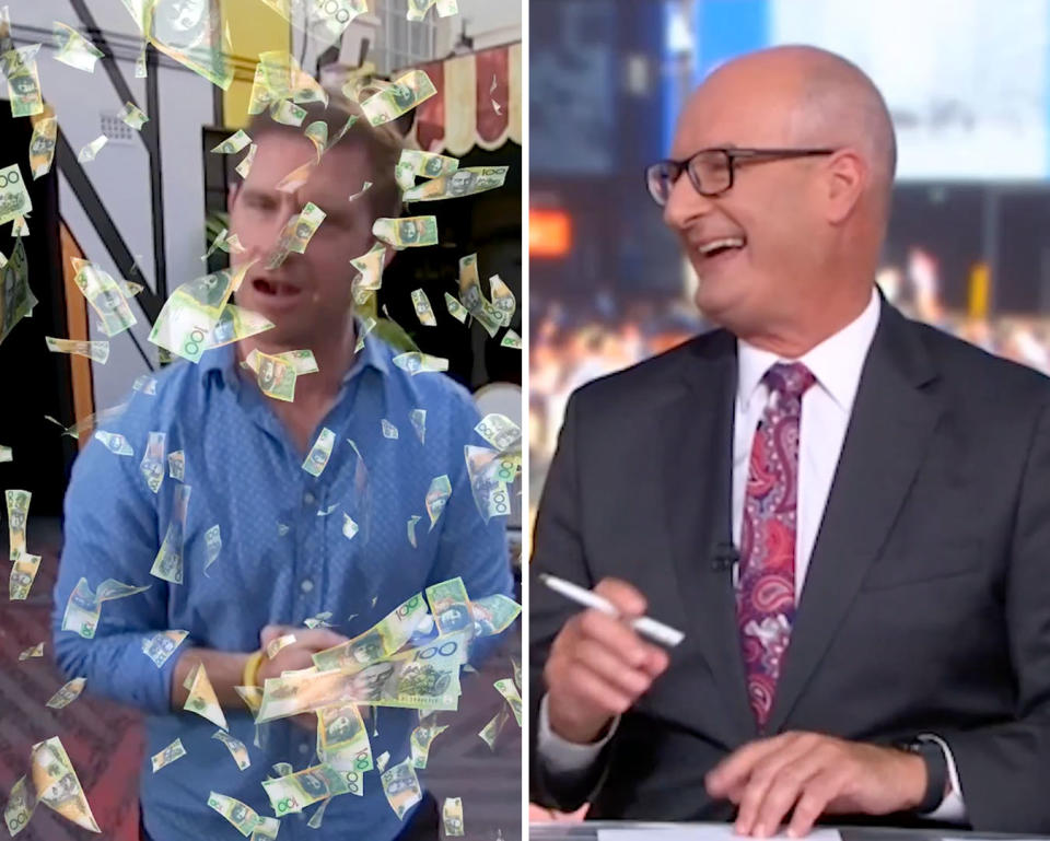 L: Sam Mac on Sunrise with a money graphic overlay. R: Kochie on Sunrise laughing