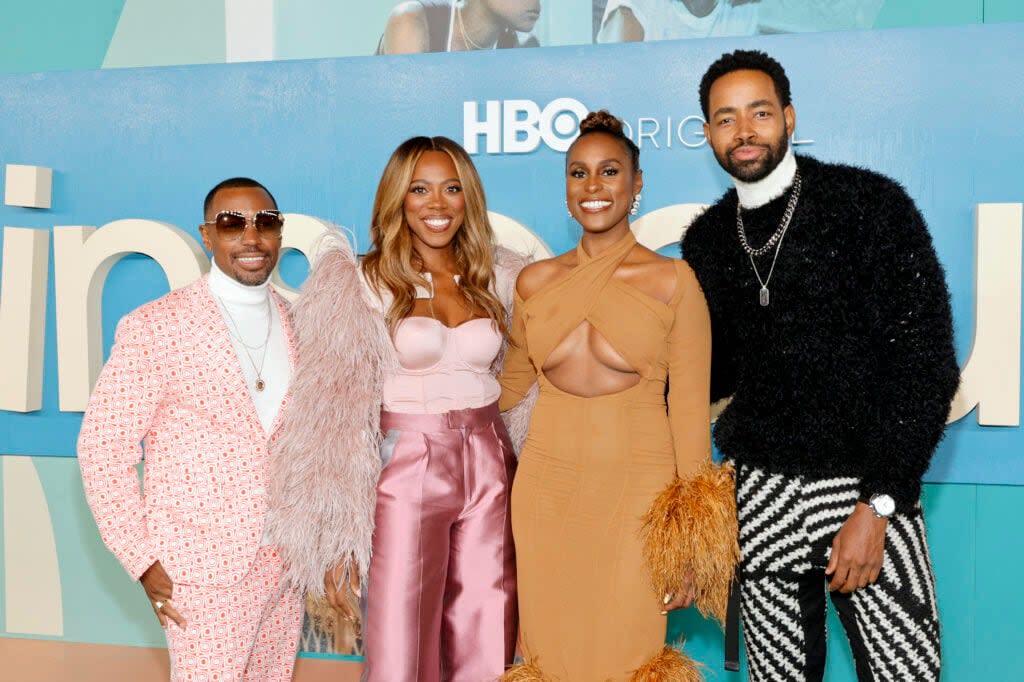 LOS ANGELES, CALIFORNIA – OCTOBER 21: (L-R) Prentice Penny, Yvonne Orji, Issa Rae, and Jay Ellis attend HBO’s final season premiere of “Insecure” at Kenneth Hahn Park on October 21, 2021 in Los Angeles, California. (Photo by Amy Sussman/Getty Images)