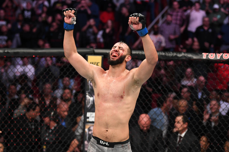 HOUSTON, TEXAS - FEBRUARY 08:  Dominick Reyes reacts after the conclusion of his light heavyweight championship bout against Jon Jones during the UFC 247 event at Toyota Center on February 08, 2020 in Houston, Texas. (Photo by Josh Hedges/Zuffa LLC via Getty Images)