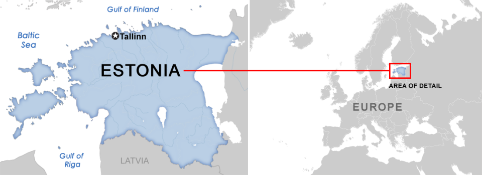 Estonia, once part of the Soviet Union, borders the Baltic Sea and Gulf of Finland. With more than 1,500 islands, its diverse terrain spans rocky beaches, old-growth forest and many lakes. (Map: Yahoo News)