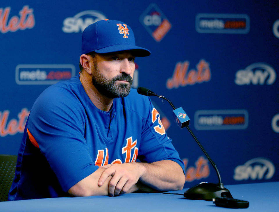 NEW YORK, NEW YORK - MAY 20:  New York Mets manager Mickey Callaway #36 of the New York Mets answers questions during a press conference before the game between the New York Mets and the Washington Nationals at Citi Field on May 20, 2019 in the Flushing neighborhood of the Queens borough of New York City. (Photo by Elsa/Getty Images)