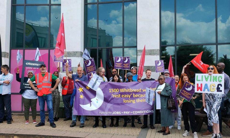 <span>Workers at Whitbread, which owns Premier Inn, protested at the annual shareholder meeting on Tuesday against its plans to cut 1,500 jobs. </span><span>Photograph: Supplied</span>
