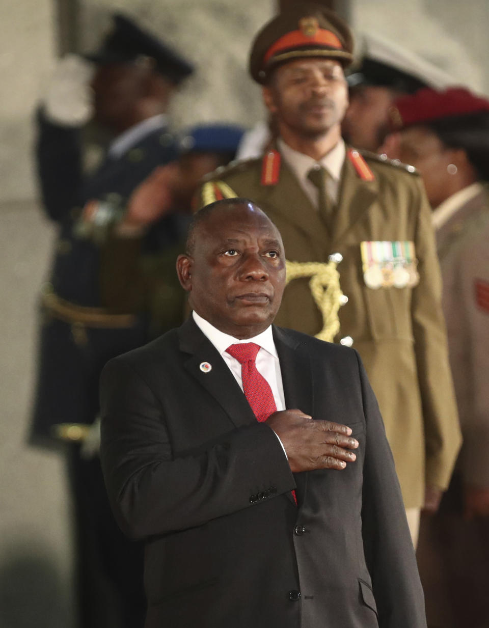 South African President Cyril Ramaphosa arrives to deliver his State of the Nation Address at parliament in Cape Town, South Africa, Thursday, June 20, 2019. (Sumaya Hisham/Pool Photo via AP)