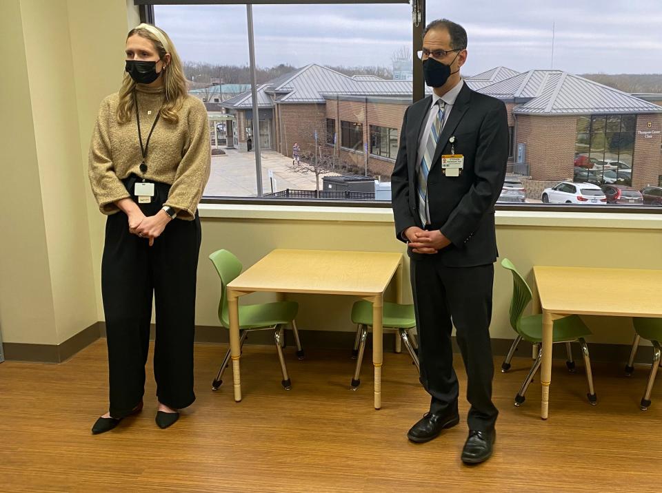 From left, behavior analyst Kendall Condict, and Stephen Sheinkopf, executive director of the University of Missouri Thompson Center for Autism and Neurodevelopment on Thursday, Jan. 12, 2023,  show off a social skills room at the center's new therapy clinic.