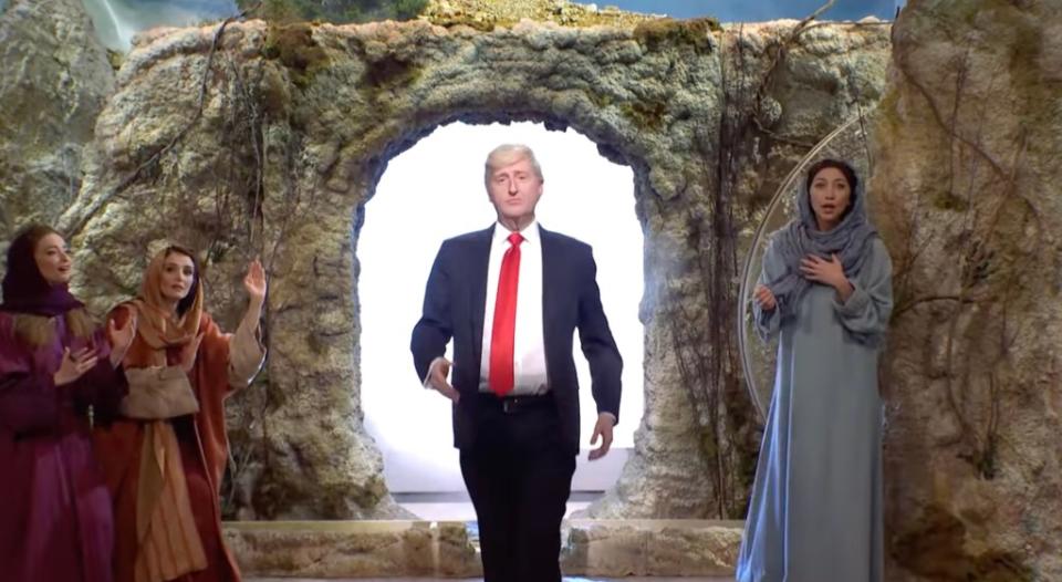 “Saturday Night Live” took aim at Donald Trump and the $60 Bibles he has been selling mere hours before the Easter holiday. YouTube/Saturday Night Live