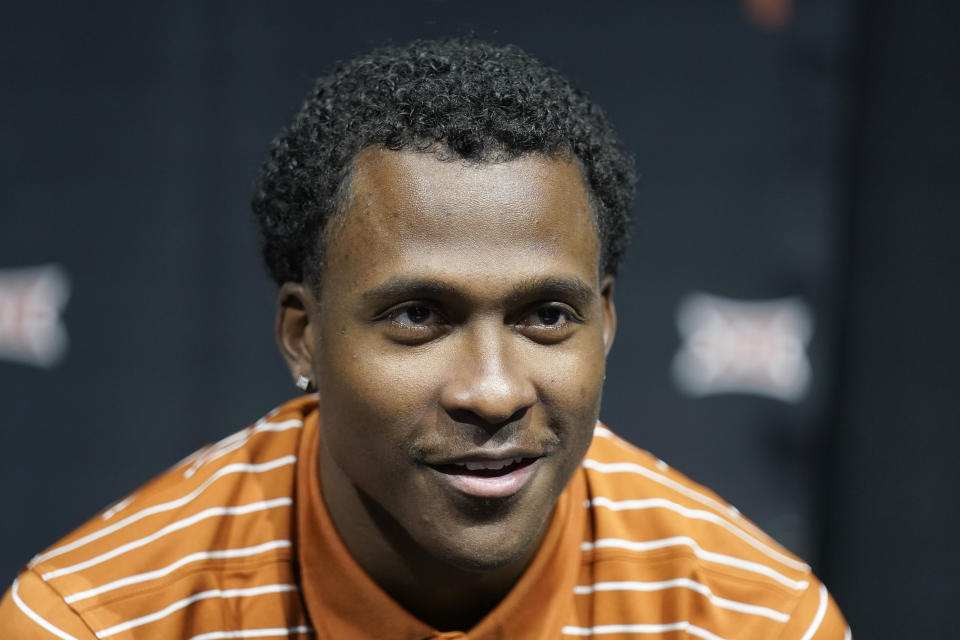 FILE - Texas' Max Abmas talks to the media during the NCAA college Big 12 men's basketball media day Wednesday, Oct. 18, 2023, in Kansas City, Mo. Abmas was selected to the AP All-Big 12 first team in results released Tuesday, March 12, 2024.(AP Photo/Charlie Riedel, File)