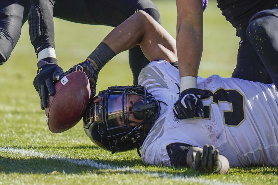 Purdue running back Tyrone Tracy Jr. can't quite make it into the end zone during the first half of an NCAA college football game against Northwestern, Saturday, Nov. 18, 2023, in Evanston, Ill. (AP Photo/Erin Hooley)