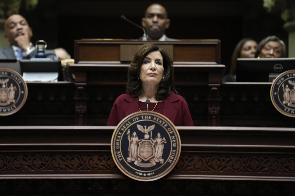 New York Governor Kathy Hochul speaks during the State of the State address in Albany, N.Y., Tuesday, Jan. 9, 2024. The Democrat outlined her agenda for the ongoing legislative session, focusing on crime, housing and education policies. (AP Photo/Seth Wenig)