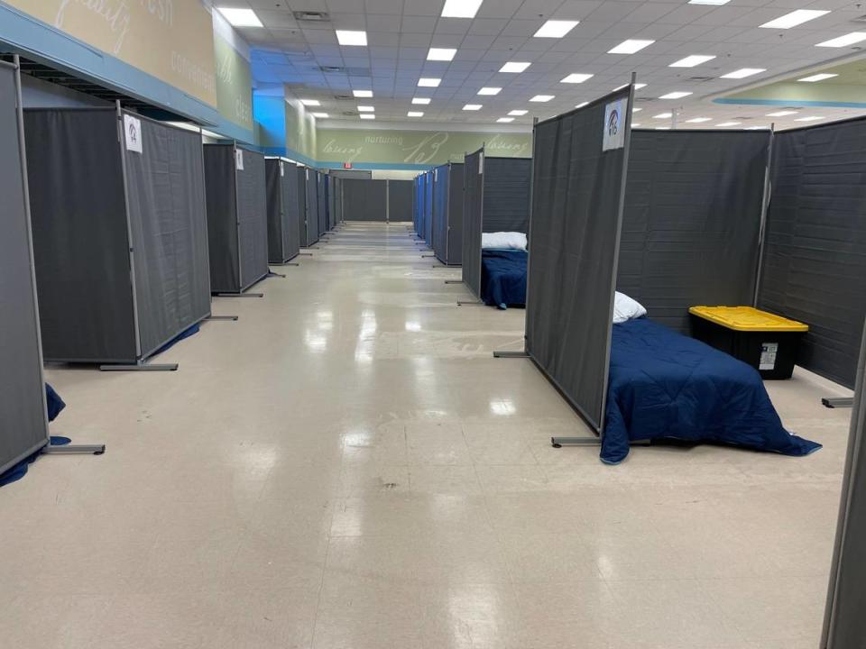 Rows of cots are seen at the Elk Grove temporary winter sanctuary at 9260 Elk Grove Blvd., which will be open from Wednesday, Nov. 1, through March 31, 2024.