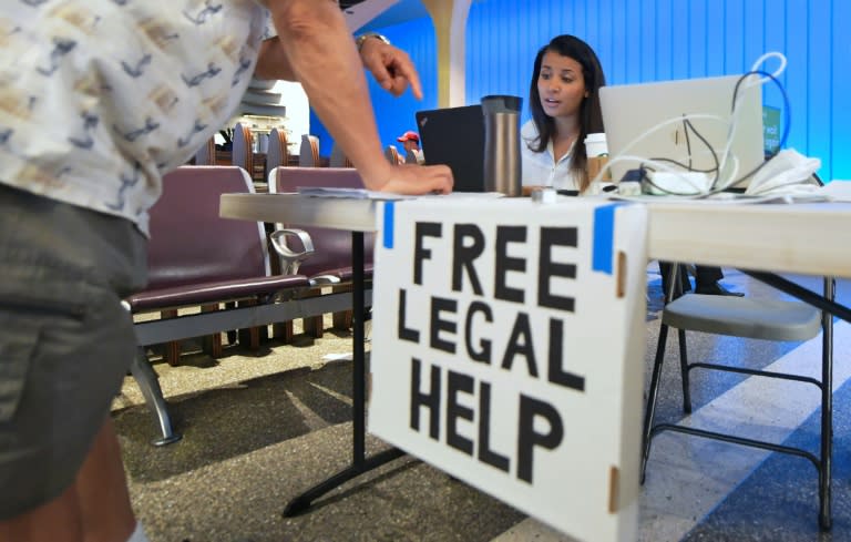 Legal volunteers set up in Los Angeles International Airport on June 30 to assist arriving travelers and refugees affected by the travel ban on six mainly Muslim countries