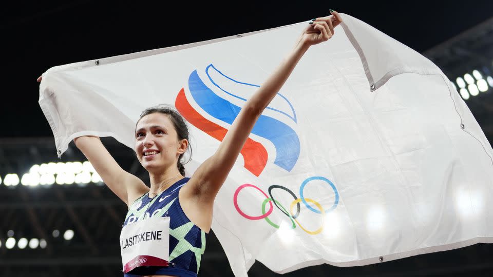 The ROC's Mariya Lasitskene won the gold medal in the women's high jump at the Tokyo Olympics. - Kyodo News/Getty Images