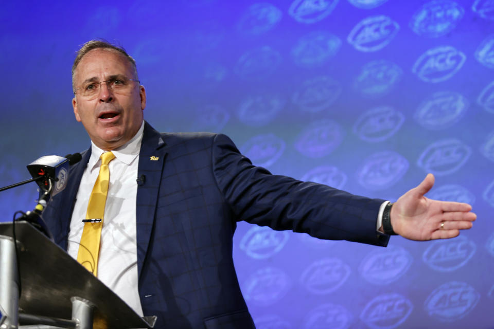 Pittsburgh head coach Pat Narduzzi answers a question at the NCAA college football Atlantic Coast Conference Media Days in Charlotte, NC, Thursday, July 21, 2022. (AP Photo/Nell Redmond)