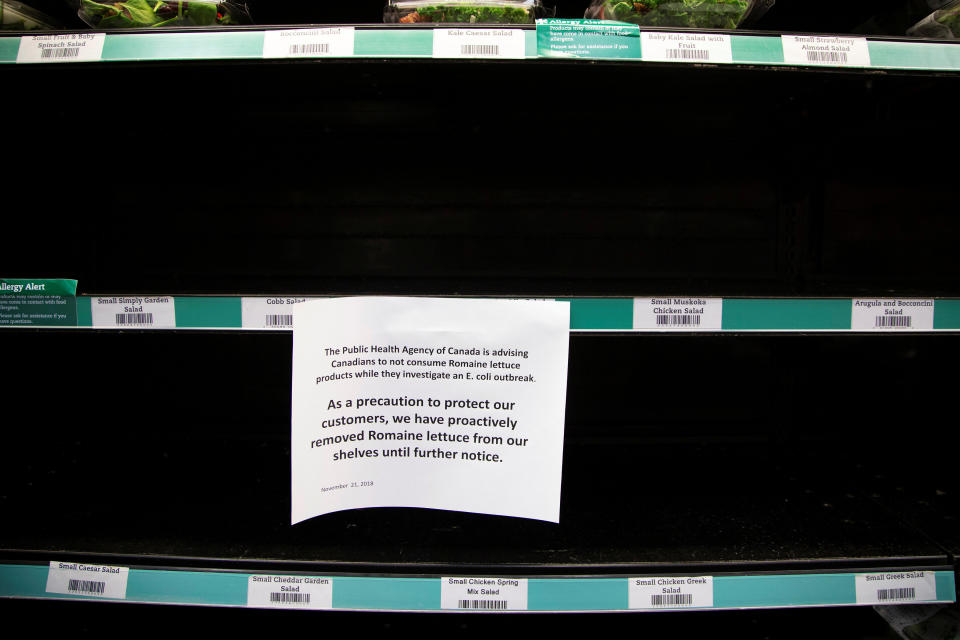 Romaine lettuce was taken off the shelf at stores in Canada last November amid a similar E. coli outbreak that also impacted the U.S. (Photo: Carlos Osorio / Reuters)