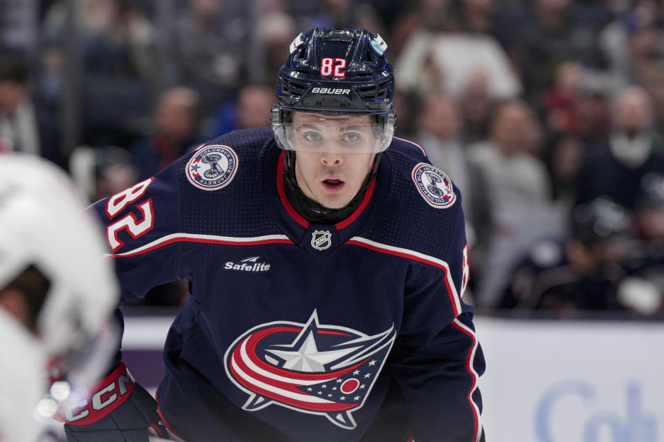 Columbus Blue Jackets' Mikael Pyyhtia waits for a face off during the second period of an NHL hockey game against the Ottawa Senators Thursday, March 14, 2024, in Columbus, Ohio. (AP Photo/Jeff Dean)