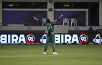 Pakistan's Shaheen Afridi celebrates the dismissal of India's KL Rahul during the Cricket Twenty20 World Cup match between India and Pakistan in Dubai, UAE, Sunday, Oct. 24, 2021. (AP Photo/Aijaz Rahi)