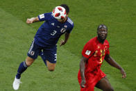 <p>Japan’s defender Gen Shoji (L) heads the ball next to Belgium’s forward Romelu Lukaku during the Russia 2018 World Cup round of 16 football match between Belgium and Japan at the Rostov Arena in Rostov-On-Don on July 2, 2018. (Photo by Jack GUEZ / AFP) </p>