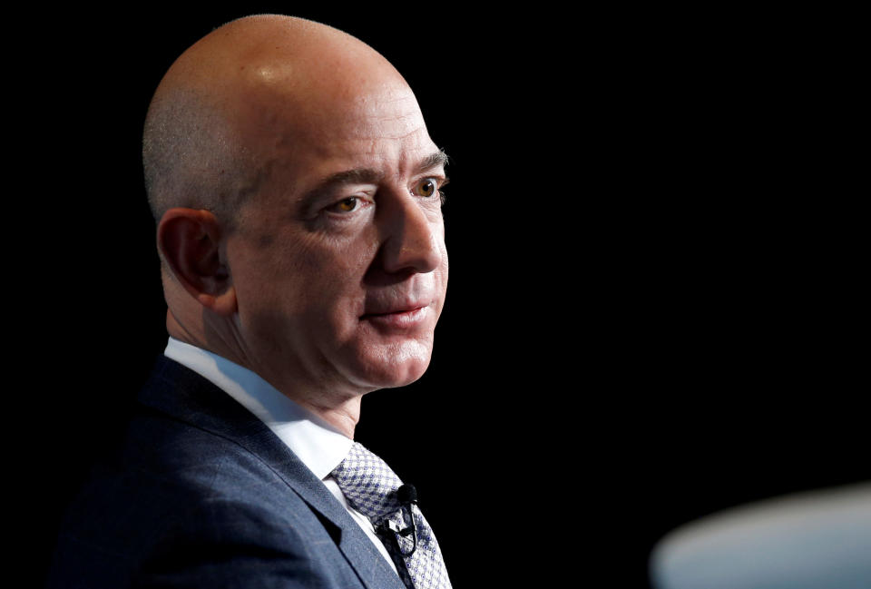 FILE PHOTO: Jeff Bezos, founder of Blue Origin and CEO of Amazon, speaks about the future plans of Blue Origin during an address to attendees at Access Intelligence&#39;s SATELLITE 2017 conference in Washington, U.S., March 7, 2017. REUTERS/Joshua Roberts/File Photo