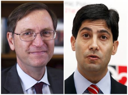 Professor Glenn Hubbard Dean of Columbia Business School (L) and Federal Reserve Governor Kevin Warsh are seen in a combination of file photos taken in New York in August 21, 2012 (L) and March 26, 2010. REUTERS/Lucas Jackson/Files