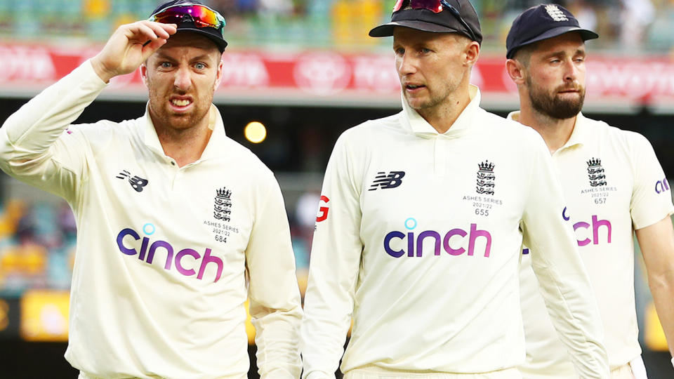 Jack Leach and Joe Root, pictured here walking from the field after the second day of the first Ashes Test.