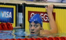 FILE - In this Friday, June 29, 2012 file photo, Amanda Weir waits for the results after swimming in the women's 100-meter freestyle preliminaries at the U.S. Olympic swimming trial in Omaha, Neb. Amanda Weir just can't bring herself to say the R-word. Retirement. (AP Photo/Mark Humphrey, File)