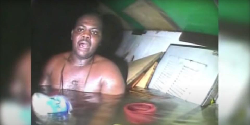 Harrison Okene seen in bodycam footage the moment he was found in 2013, in the air bubble of an upturned boat