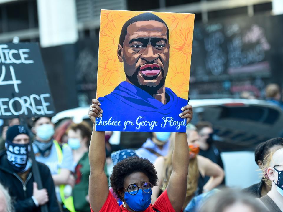 <p>Protesters march through downtown Minneapolis on the first day of opening statements for the murder trial of former Minneapolis police officer Derek Chauvin who was charged in the death of George Floyd, in Minneapolis, Minnesota, USA, 29 March 2021</p> (EPA)