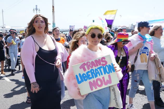 People take part in a Trans Pride protest march in Brighton. Picture date: Saturday July 15, 2023. (Photo by Gareth Fuller/PA Images via Getty Images)