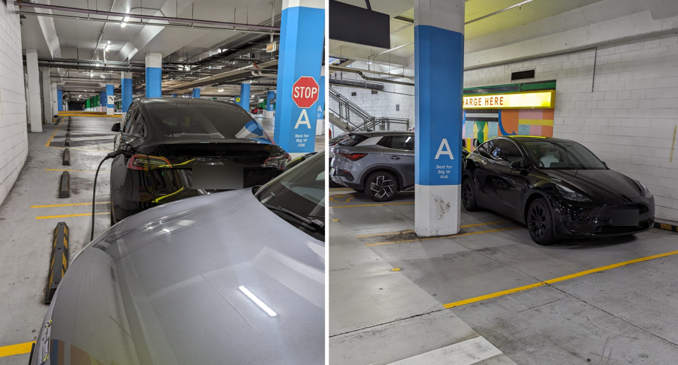 Diverse angolazioni della Tesla mostrano che stava utilizzando due parcheggi nel centro commerciale. 