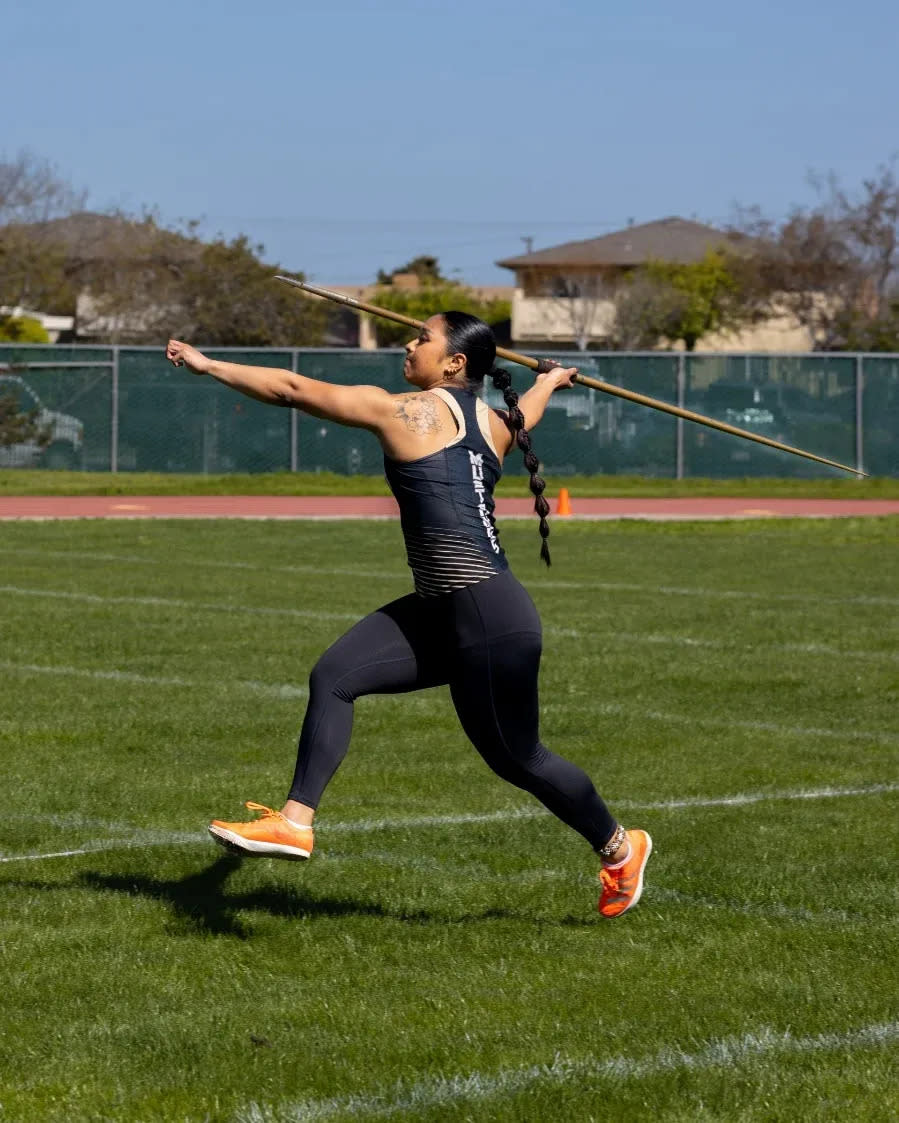 Miekayla Surnip of San Joaquin Delta College track and field prepares to throw a javelin during one of the team's meet in the 2023 season.