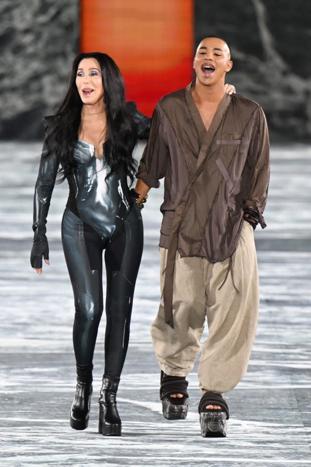 Cher and Olivier Rousteing on the Balmain Spring 2023 runway.<p>Photo: Stephane Cardinale - Corbis/Corbis via Getty Images</p>