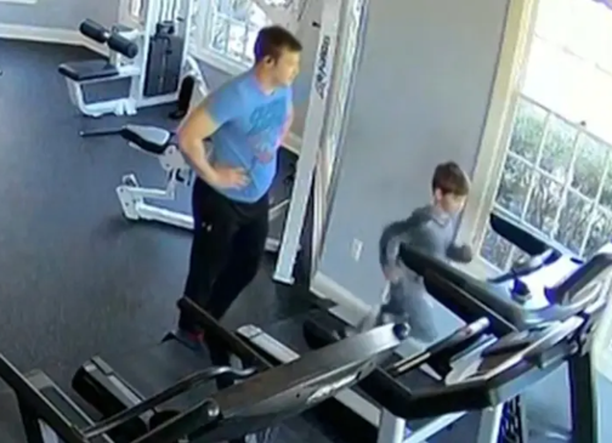 Shocking footage played in court allegedly showed Mr Gregor standing by a treadmill watching the youngster run, turning the machine faster and faster. At multiple points the boy falls off the treadmill onto the floor (credit Court TV)