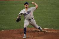 Los Angeles Dodgers starting pitcher Julio Urias throws against the Los Angeles Angels during the first inning of a baseball game, Friday, May 7, 2021, in Anaheim, Calif. (AP Photo/Jae C. Hong)