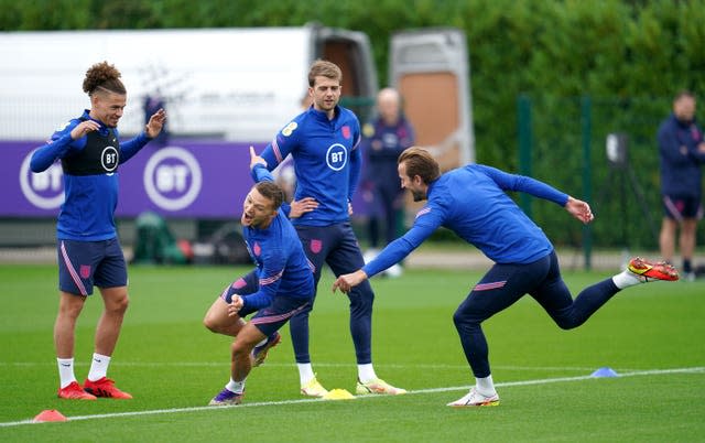 England captain Harry Kane tries to catch Kieran Trippier during an England training session 